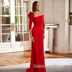 Red Mermaid Mother of The Bride Dress Customized Flower 3/4 Sleeves Sweep Train Godmom Evening Dresses Wedding Guest Gown