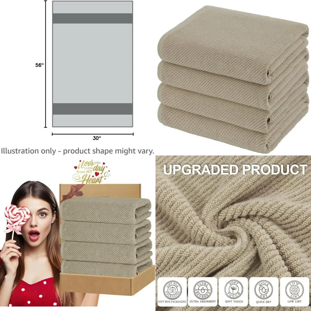 

Набор из 4 больших хлопковых банных полотенец 30 x 56 — быстросохнущие, легкие, толстые и мягкие впитывающие полотенца для ванной комнаты, темно-бежевые