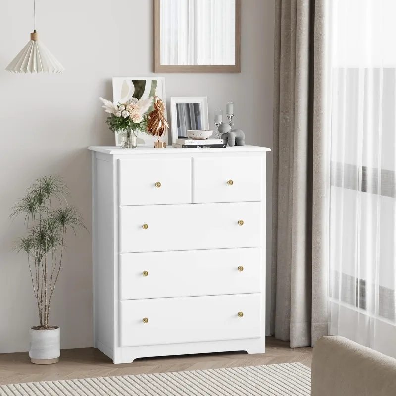 Modern Chest of Drawers, 5 Drawer Dresser, Tall Dresser with Deep Drawers, Wood Storage Organizer Cabinet for Living Room