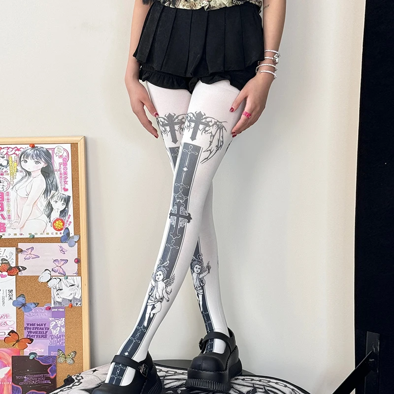 

Y2K колготки с перекрестным принтом, женские осенние готические леггинсы со скелетом, чулки для ночного клуба, бара, чулки для вечеринки на Хэллоуин
