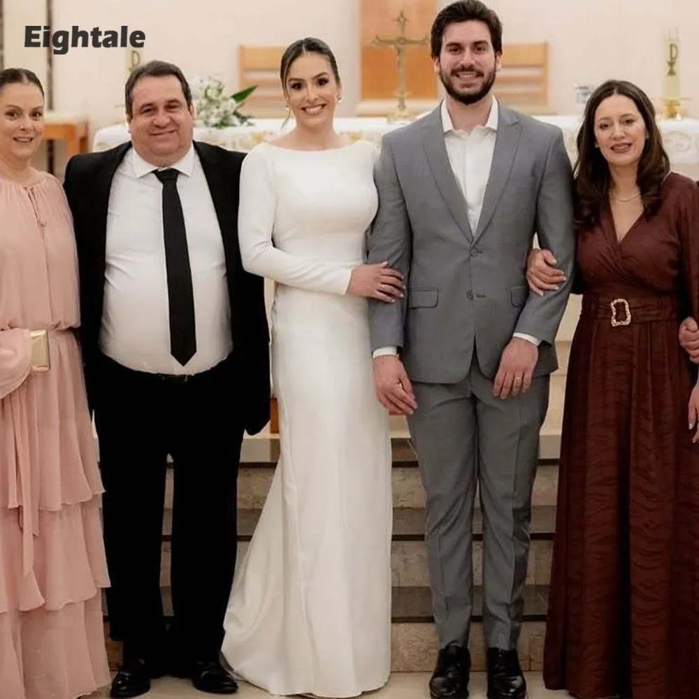 

Eightale Arabic Wedding Dresses O-Neck Customized Satin Long Sleeves Ivory Backless Mermaid Bridal Gowns Vestidos De Novia