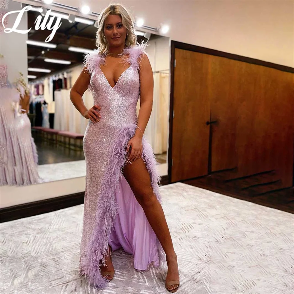 

Lily Purple V-Neck Prom Dress Spaghetti Strap Sleeveless Evening Dress Pleats Sequins Trumpet Feather Party Dress Robe De Soirée