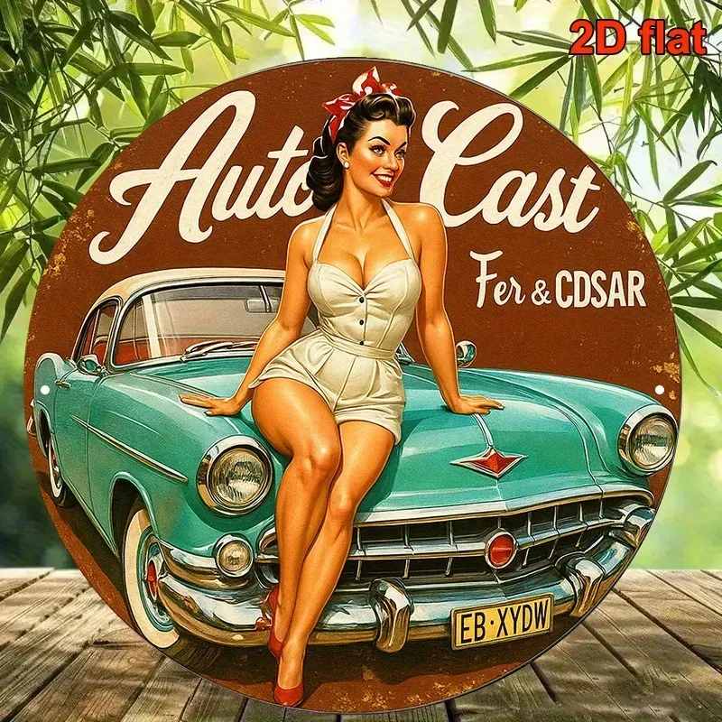 1 panneau rond en bois français, sur le thème de « Vintage Car Beauty », un affiche pour panneau d'exposition de décoration automobile.