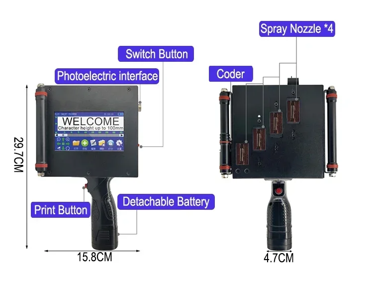 Golden Sources 100mm Intelligent Handheld Inkjet Printer Fast Dry HP Ink 4 Cartridges For Expiry Date Batch Number Display