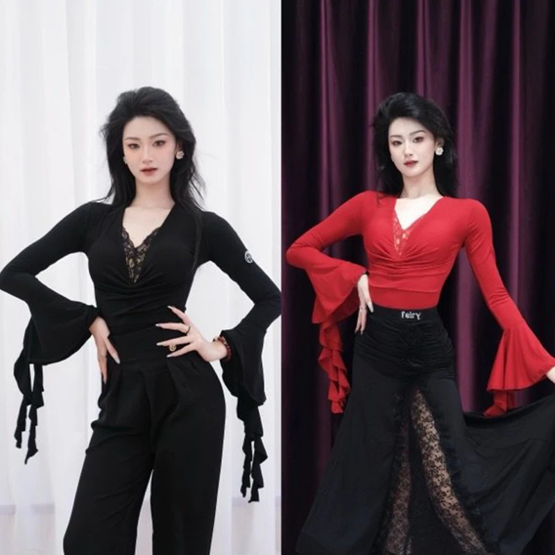 

Новый современный танцевальный топ с кружевным V-образным вырезом, сексуальный, для взрослых, для вальса, для национальных стандартных танцев, тренировочное платье, одежда для латиноамериканских танцев, женская одежда DN22863