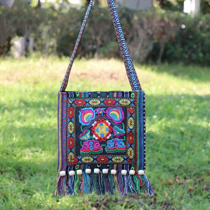 New Women Vintage Tribal Ethnic Thai Indian Boho Tassel Cotton Linen Shoulder Bag Embroidery Flower Tapestry Tote Messenger Bags