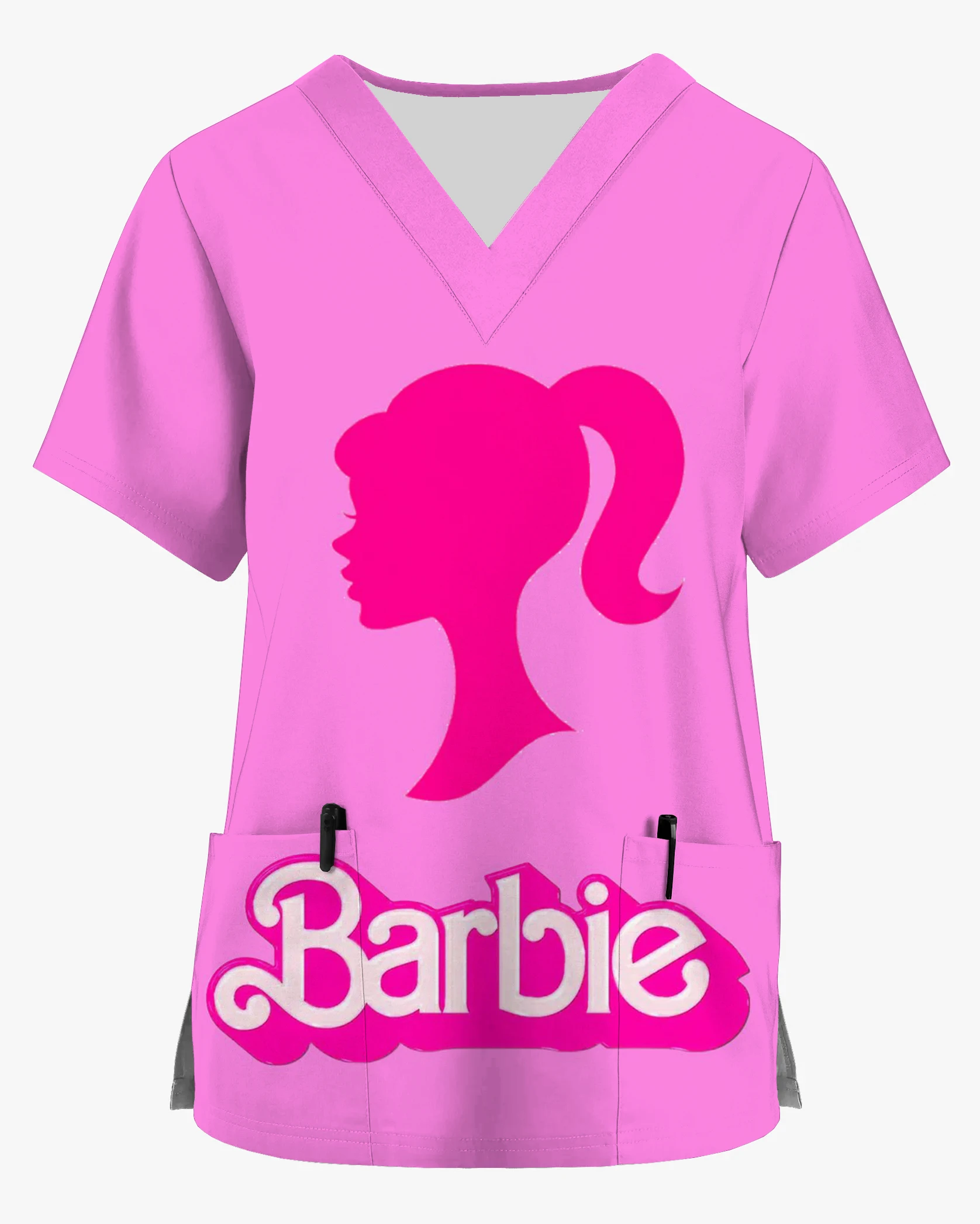 Women's Nursing Clothes Barbie Princess V-Neck Print Scrub Top Accessories Doctor Uniform Hospital Nurse Beauty Salon T-shirt