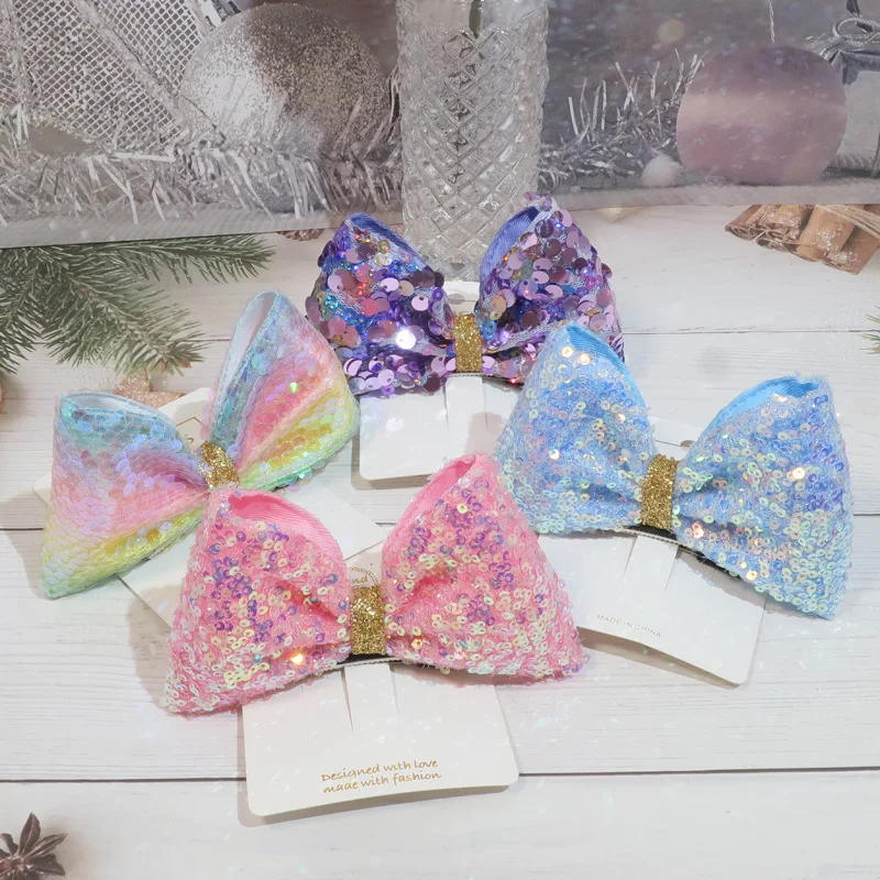 10pcs Glitter Gradient Color Bow Hairpins Solid Pastel Sequin Bowknot Barrettes Princess Headwear Boutique Hair Accessories