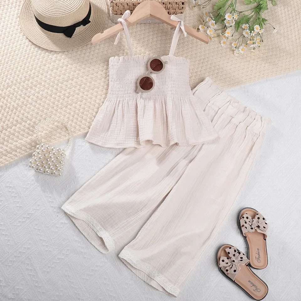 New Children Clothing Summer Girls Lace Up Camisole Top Wide Leg Pants Baby Forest Style Two Piece Set Korean Vacation Set