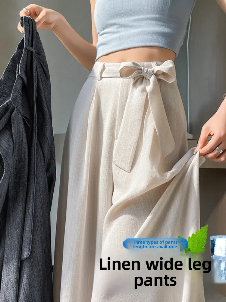 Hoge taille wijde pijpen broek dames zomer linnen dunne hangende rechte buis broek vloerlengte Japanse Sle katoen-linnen trou...