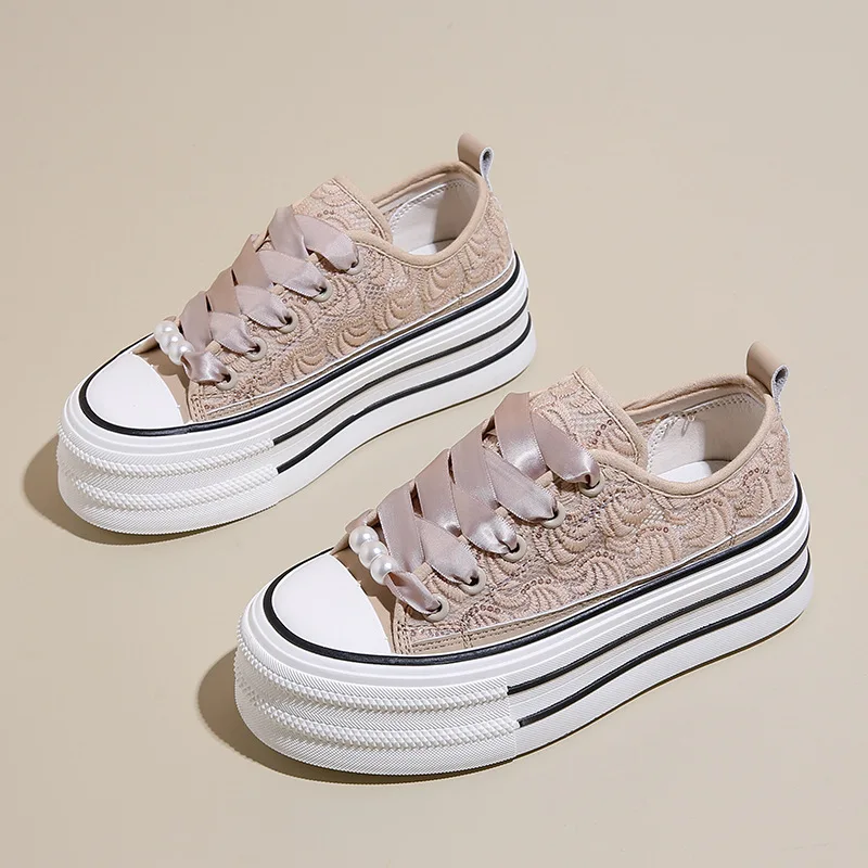 Dames Canvas Schoenen 2024 Lente/Zomer Nieuwe Student Pailletten Met Dikke Onderkant Gevulkaniseerde Schoenen Casual Hardloopsneakers