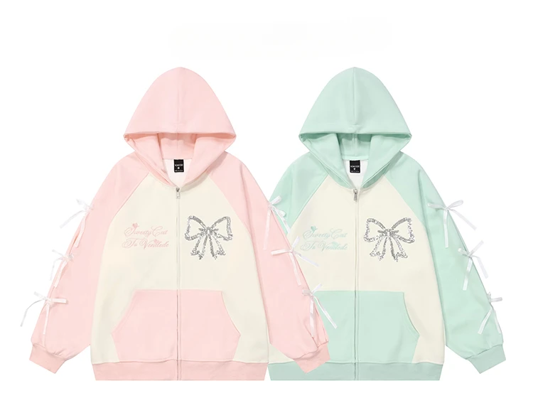 Japanese Sweet Cute Y2K Girl Sequined Lace-up Bow Embroidered Loose Casual Long Sleeves Hooded Zip-up Sweatshirt Women Autumn