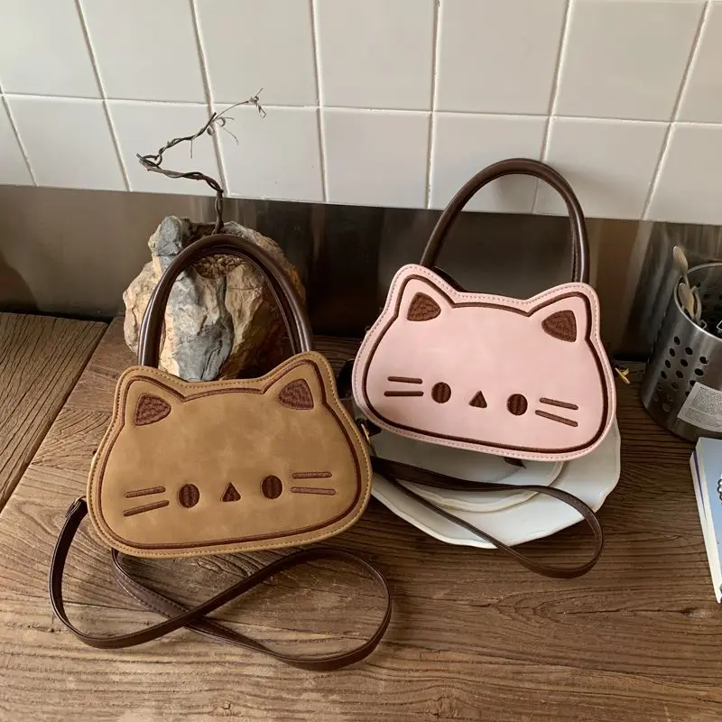 

Retro Sweet Cute Kitten Handbag Women Embroidered Brown Large Capacity Shoulder Bag Ladies Chic Cartoon Daily Crossbody Bag 2025