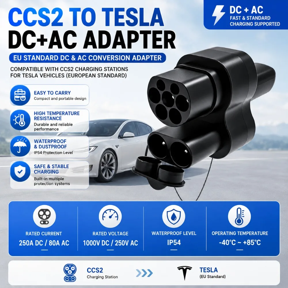 CCS2 to DC+AC Charging Adapter, 250A Fast Charge Converter, IP54 Waterproof Compatible with Tesla Vehicles