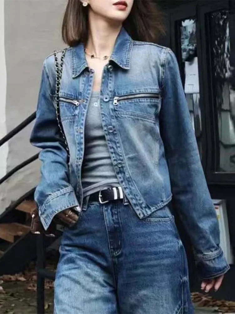 

Женское джинсовое пальто свободного покроя с воротником, весна-осень 2023, новое женское пальто в американском стиле Sle, ветрозащитное длинное све