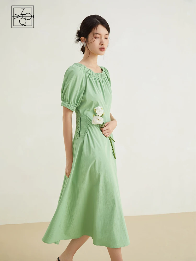 

ZIQIAO Seaside Holiday Sense Loose Light Green Dress for Women Sigh-end Summer Newly Waistline Slim One-shoulder Dress Female