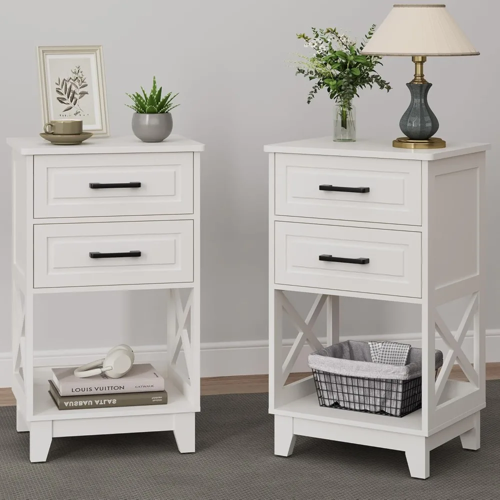 

Tall Nightstand Set of 2, White Side Table with 2 Drawers and Open Shelf Below, Bedside Table with Solid Feet, Modern