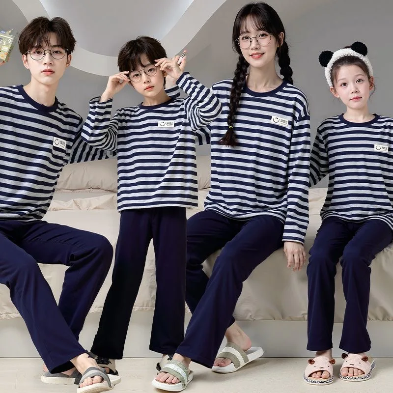 mother kids Family christmas pajamas stripe blue Family look Kid costume Family look cotton Girl outfits Mother and daughter mat
