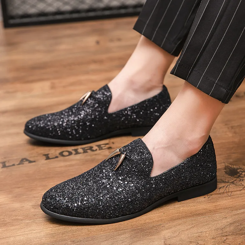 Italian Luxury Glitter Loafers Shoes Mens Silver Sequin Shoes Plus Size 46 Dress Weddings Shoes For Men  Pointed Toe Formal Shoe