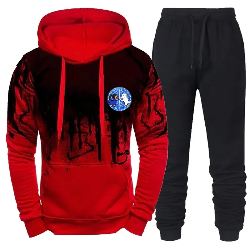 ชุดเสื้อฮู้ดดี้และกางเกงขายาวพิมพ์ลายกราฟิกสีดำเทาสำหรับผู้ชาย ชุดลำลองสำหรับเล่นกีฬา กิจกรรมกลางแจ้ง และสวมใส่ในชีวิตประจำวัน