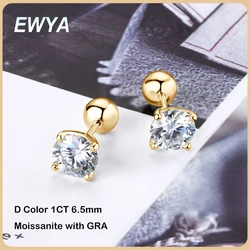 EWYA Sparkling 1CT 6.5mm Moissanite Earrings Screw Back for Women Men S925 Sterling Silver Diamond 4-Prong Earring Fine Jewelry