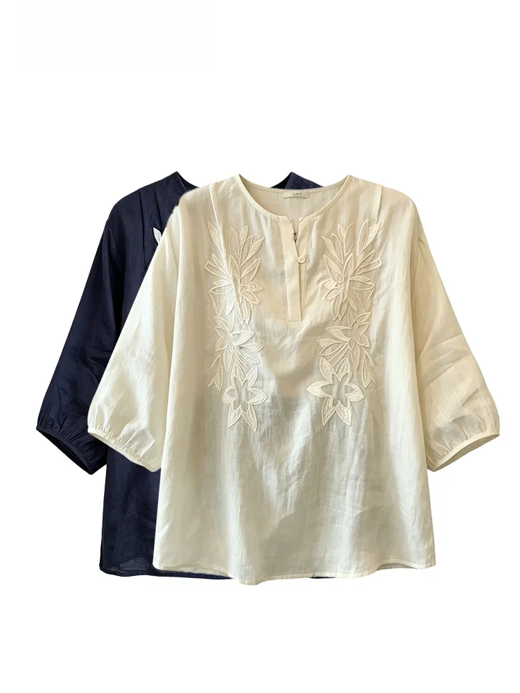 

New Chinese Style Short Sleeve Shirt Women's Summer Fashion plus Size Cara CLUB Breathable Polyester Fiber V-Neck Loose Fit