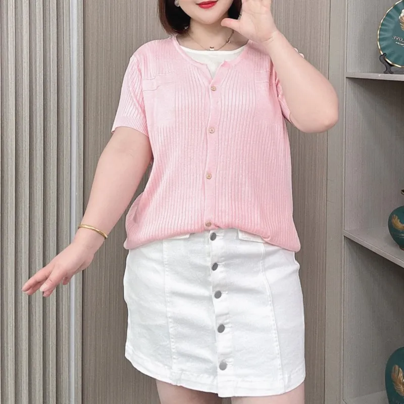 Summer Short Sleeve Ice Silk Knit Tees Women Plus Size Fashion New Loose Fake Two Piece Cardigan T-shirt