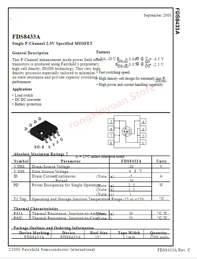 10 pcs/lot FDS8433A_NL  FDS8433A 8433A SOP-8 FDS8433  -20V/-5A Single P-Channel 2.5V Specified MOSFET  100% New original