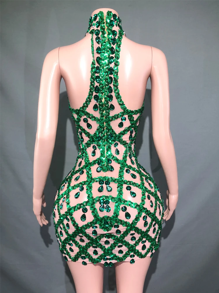 Shiny Green Rhinestone Sleeveless Short Women Dress Sexy Transparent Mesh Party Bar Club Photo Wear Stage Performance Costumes