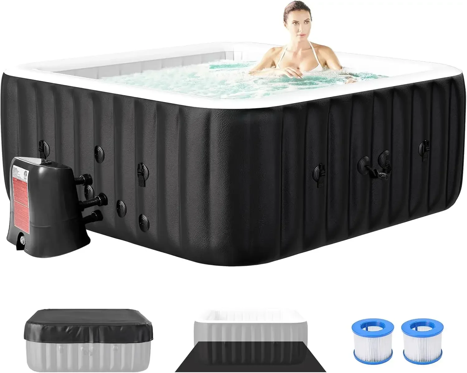 Inflatable Hot Tub Large Square Portable Blow Up Spa 4 6 Person Leak Proof PVC Outdoor 120 Air Jets Heater Pump Insulated Cover