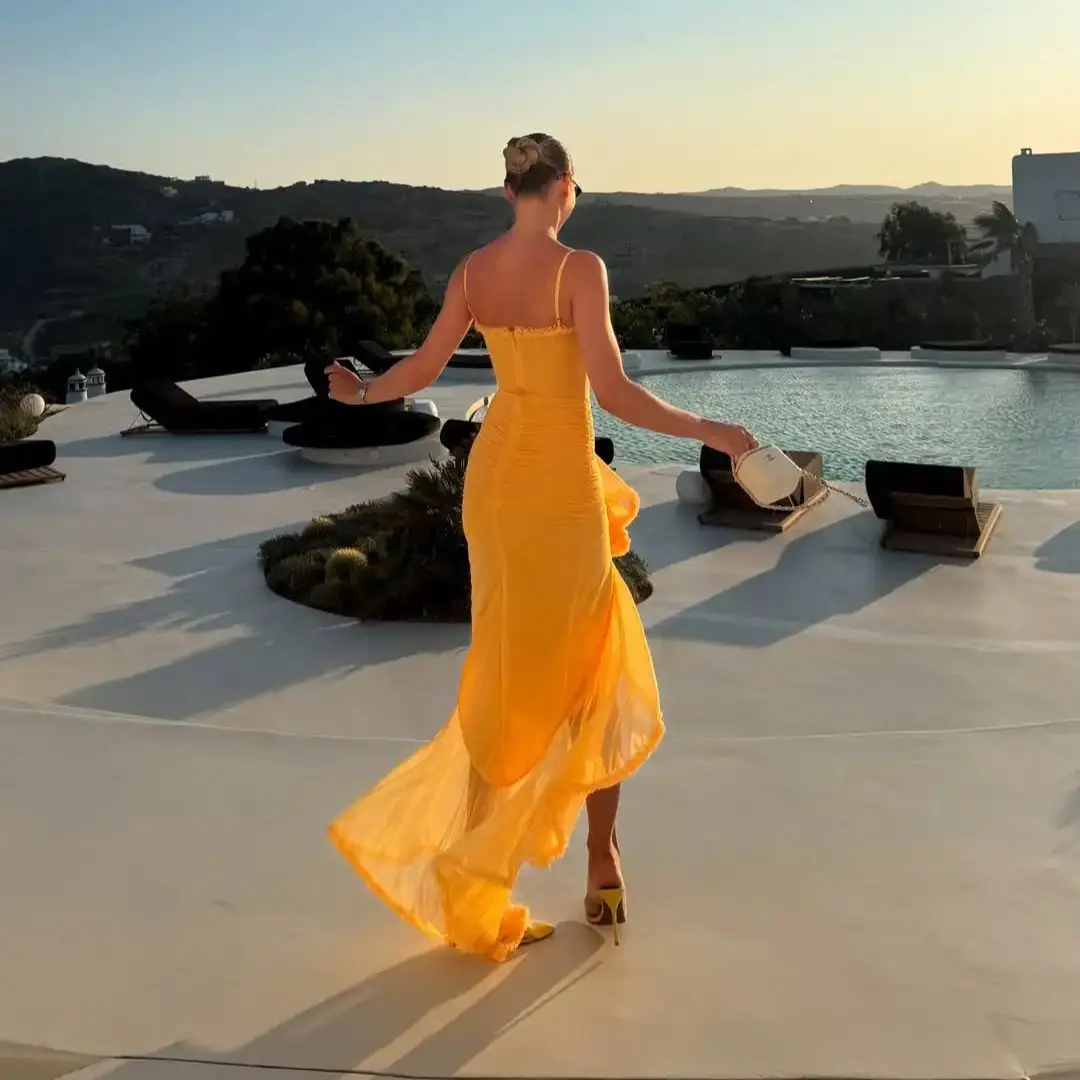 Ofherown شيك الأصفر السباغيتي حزام فستان الحفلة الراقصة المرأة كشكش عالية الشق سليم ثوب مسائي الدانتيل تقليم Ruched فستان حفلة عطلة #2