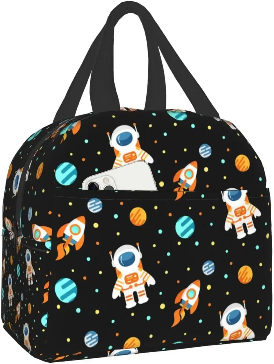 Space Astronaut Lunch Bag for Kids Boys Girls Black Planets Universe Insulated Cooler Lunch Box for School Work Picnic Beach