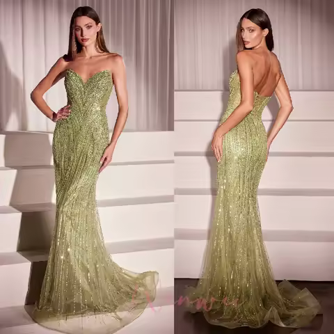 Mermaid Evening Dress Gown for Formal Occasion Customized 2025 Saudi Caramel Beaded Spaghetti Strap Arabic