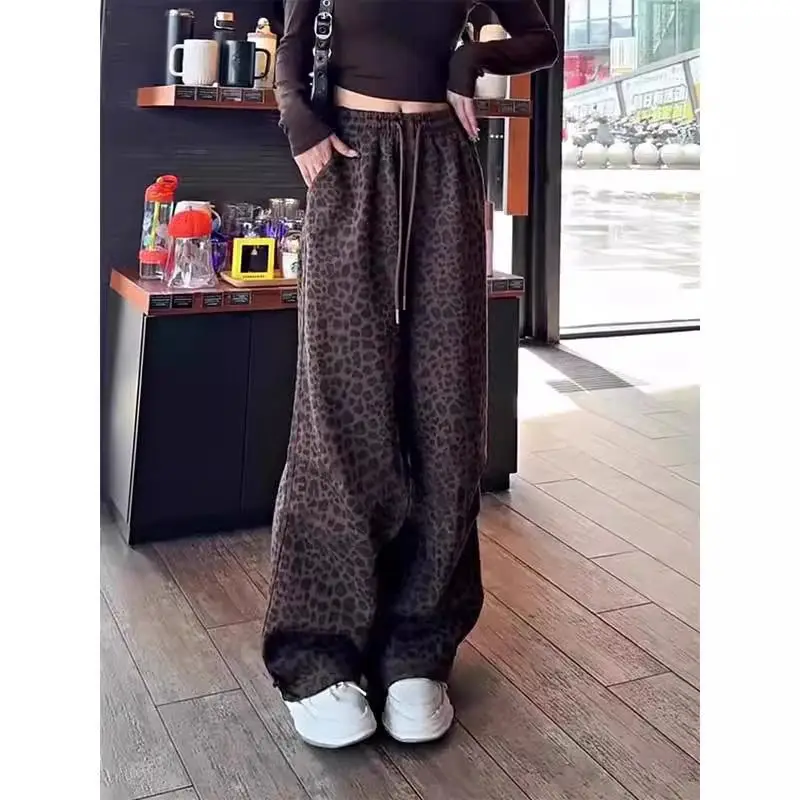 

Женские повседневные брюки Ce Brown с леопардовым принтом, осенне-зимние, утепленные, с высокой талией, широкими штанинами, в уличном стиле