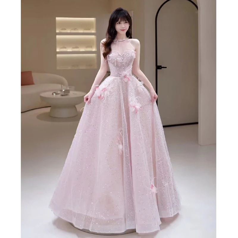 

Elegant Party Dresses For Women New Exquisite Flowers Appliques Prom Gown Sleeveless Sequined Long Princess Fairy Robe De Soiree