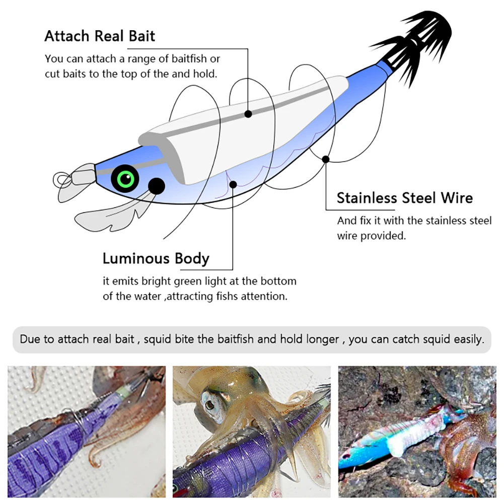 Señuelos de Pesca luminosos de 115mm y 15g, anzuelo de plantilla de calamar, señuelo Artificial de madera para camarones, pulpo, sepia, camarón,