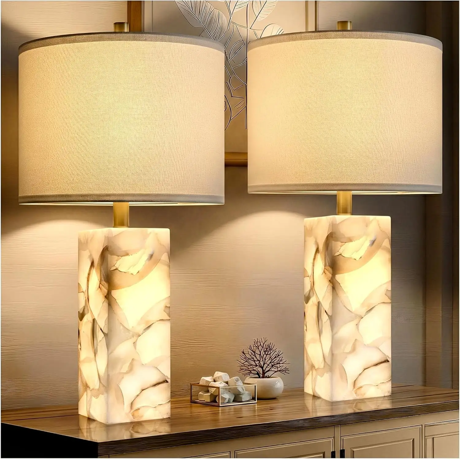 

Alabaster Table Lamp Set of 2 with Night Light, 23" Rotary Switch Bedside Lamps with Linen Shade for Bedroom Living Room Office (Bulb Included)