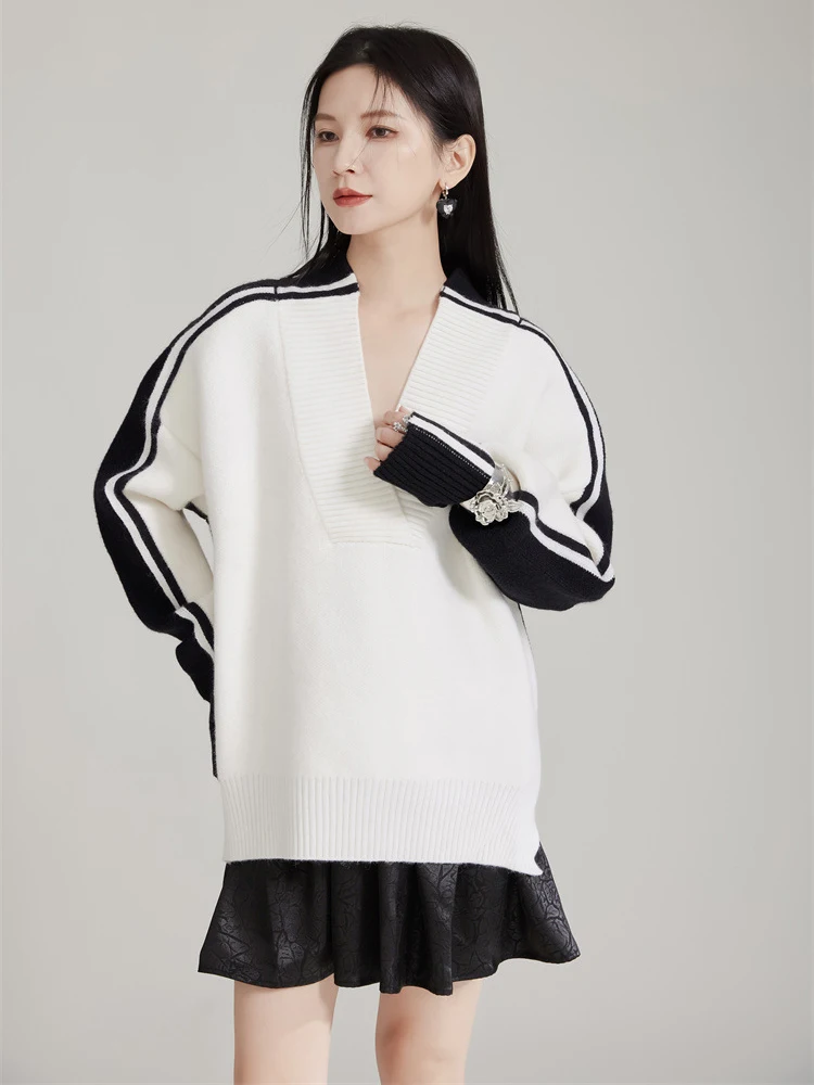 [EAM] Color-block Big Size Knitting Sweater V-Neck Long Sleeve Women Pullovers New Fashion Tide Spring Autumn 2024 1DH8020