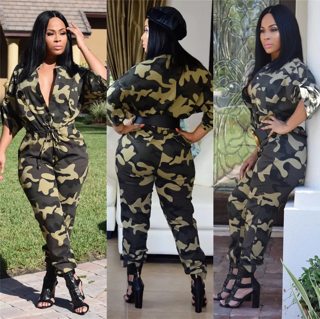 Camouflage Jumpsuit Women\'s Deep V Neck Long Sleeve Button Down One Piece Wide Leg Jumpsuit Romper