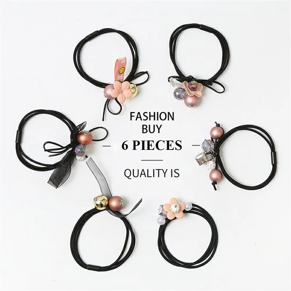 6pcs Fashion Pearl Crystal Hair Rope High Elastic Bowknot Hair Band for Women Girls Ponytail Scrunchies Flower Hair Accessories