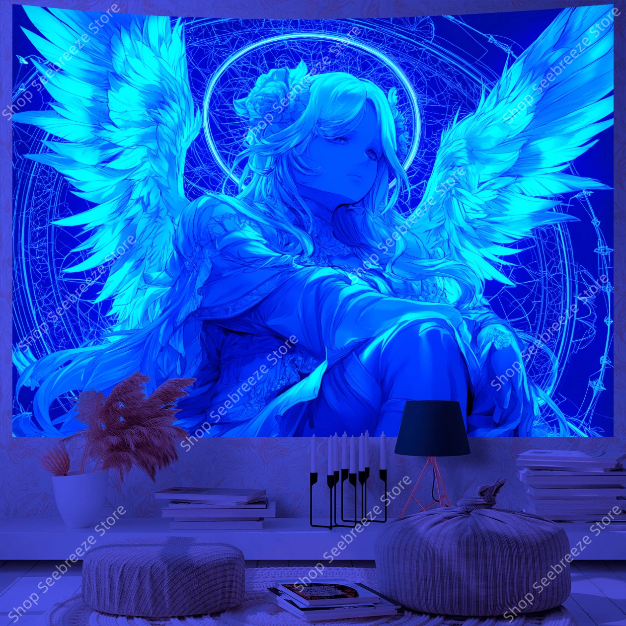Majestic Blue Angel UV Tapestry with Giant Wings Floral Hair and Mystical Aura for Bohemian Room Wall Office Decor Hanging