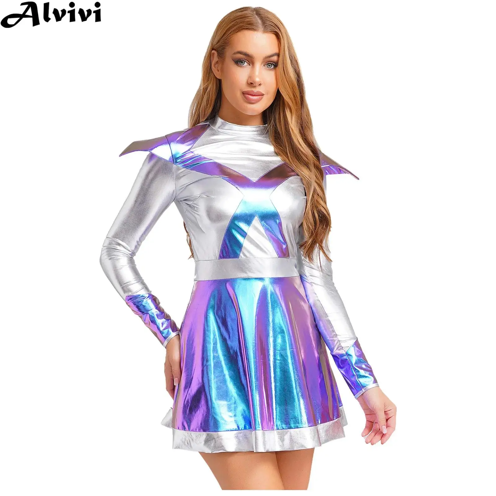 

Women Long Sleeve Metallic Shiny Alien Astronaut Cosplay Dress Clubwear Halloween Party Space Female Warrior Role Play Costume