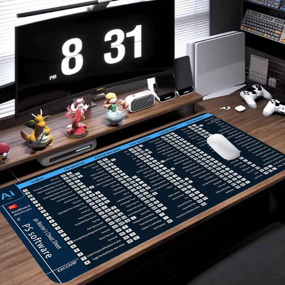 AI Shortcuts Mouse Pad Large Gaming Desk Mat Offices Accessories Keyboard Pad With Non-Slip Rubber Base Stitched Edge Deskpad