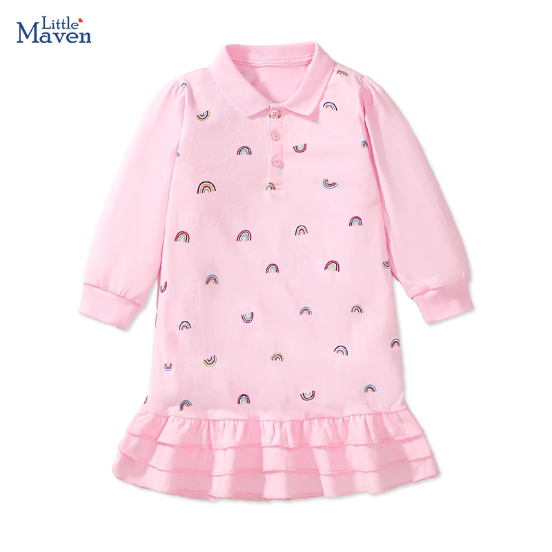 

Little maven Children's Clothing Baby Girls Kids Clothes 2024 Autumn Cotton Long Sleeves Cartoon Rainbow Casual Polo Dresses