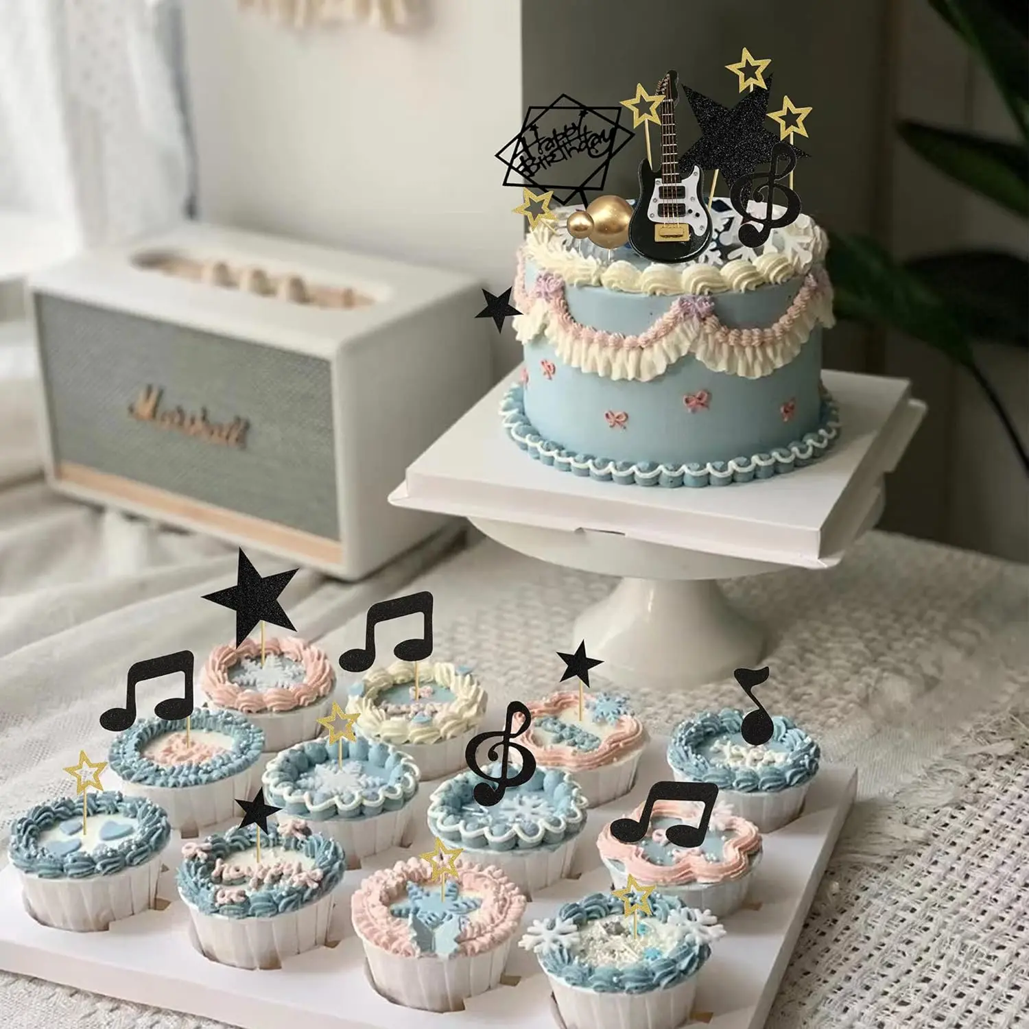 22PCS Guitar Cake Toppers Music Note Birthday Cake Toppers 1:12 Guitar Model Decor Party For Musician Party Birthday Rock Theme