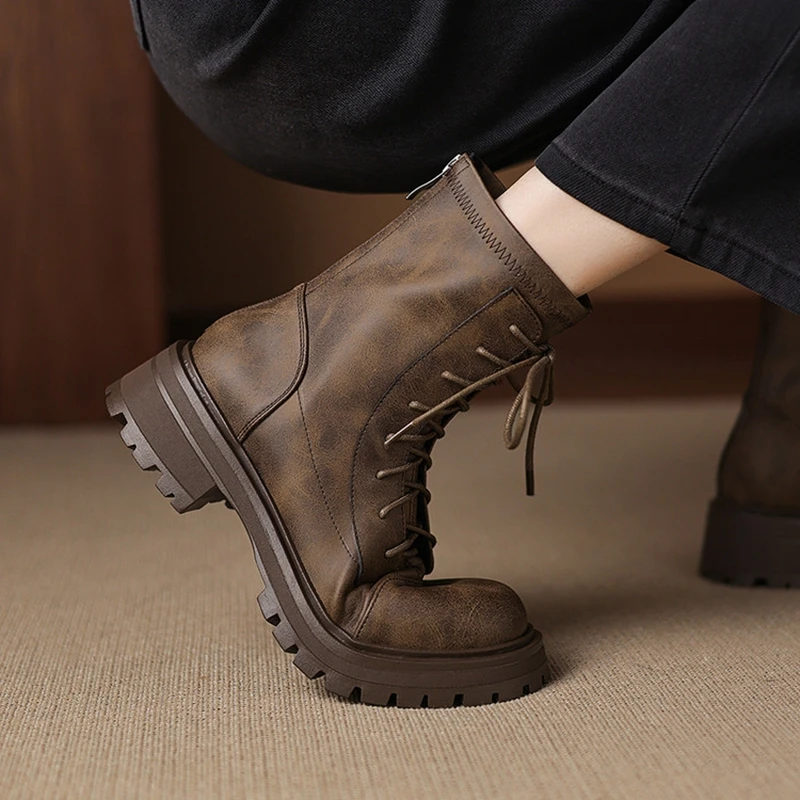 

Women's new leather cowhide round toe retro mid heel handmade plus size lace up zipper and calf short boots fashion boots