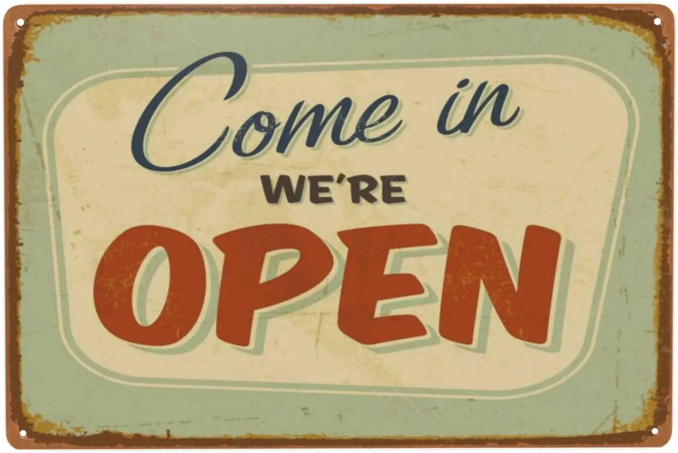 Metallschild „Come in, We're Open“, schicke Vintage-Blechschilder, Retro-Rostspuren-Poster, klassische Designs, stilvoll, lustig, Deko-Kunstgeschenke