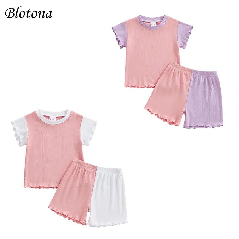 

Blotona Kids Girls Shorts Set, Contrast Color Short Sleeve Crew Neck T-shirt with Shorts Summer Outfit 6M-4Y