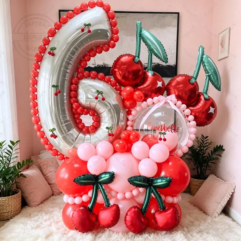46pcs Cherry Themed Balloon Platinum Numbers 1-9 Birthday Balloon Set Fruit Party Decoration Commemorative Day Photo Props