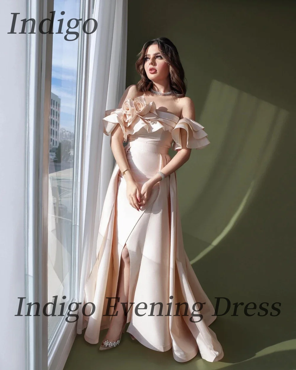 

Indigo Satin Prom Dresses Off Shoulder Ruffles Floor-Length Sexy Side Slit Women Formal Occasion Dress 2024 Saudi فساتين السهرة